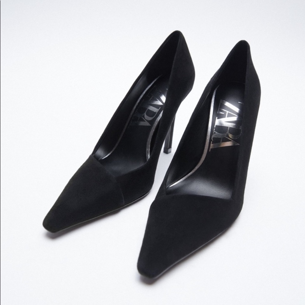 Zara Black Suede Leather High-Heel Shoes. Size 10